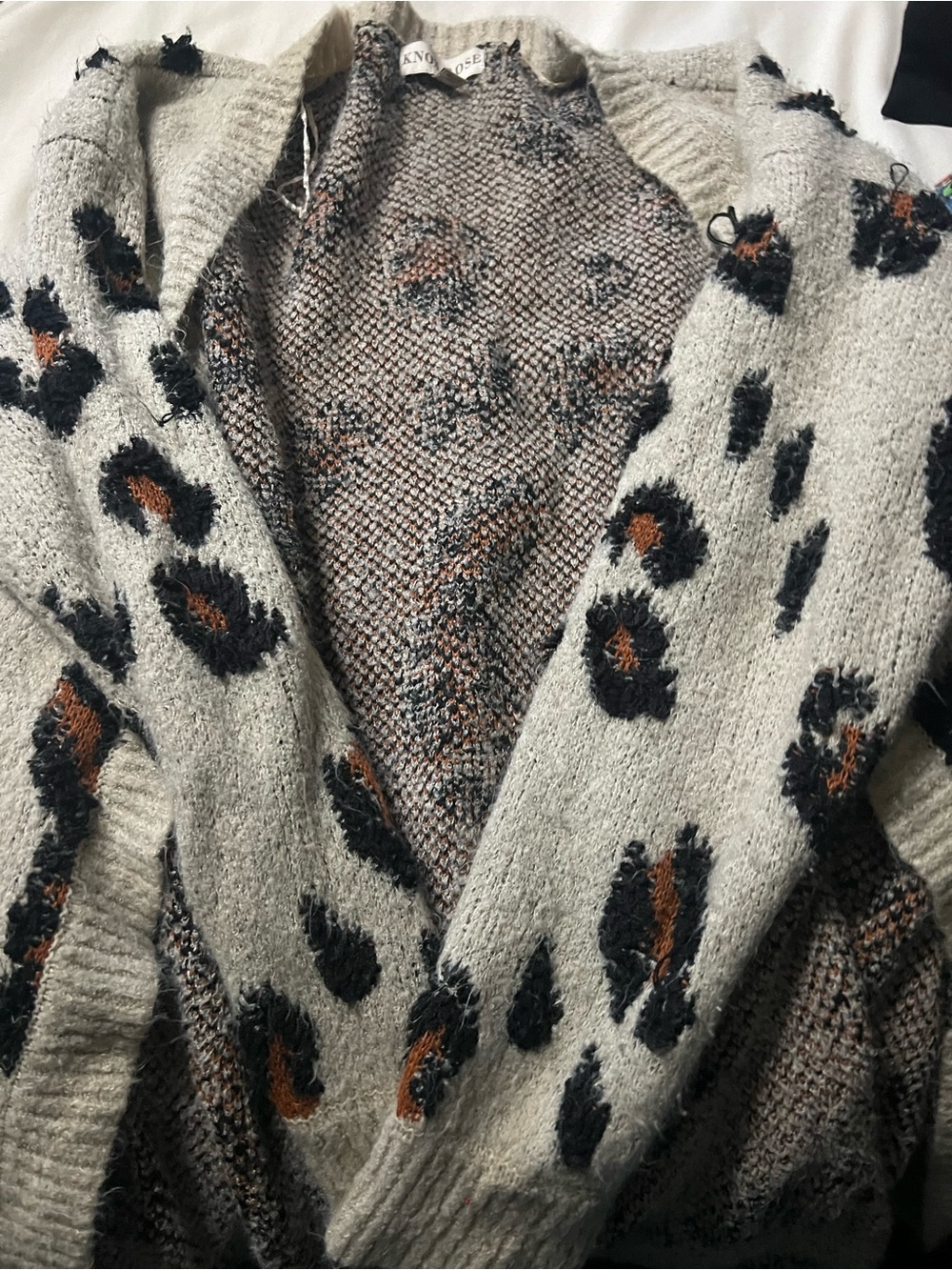 Leopard-Print Cozy V-Neck Sweater - Gray with Black & Brown Accents